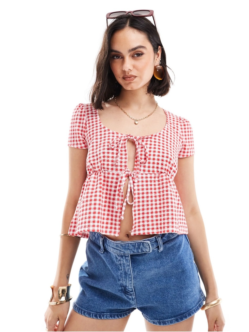 ASOS DESIGN Red Gingham Milkmaid Tie Front Peplum Top Size L 12-14